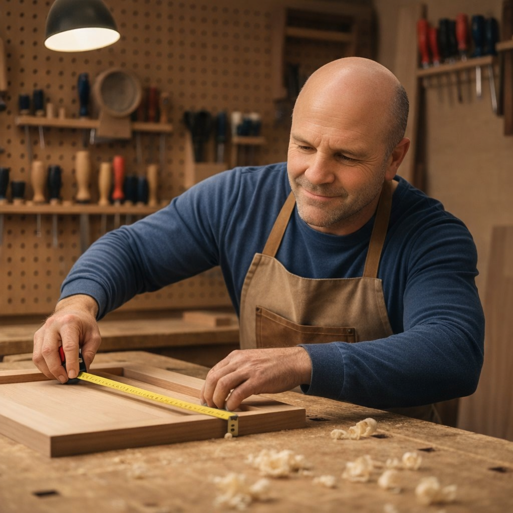 Jeff Bellows measuring custom cabinetry in workshop